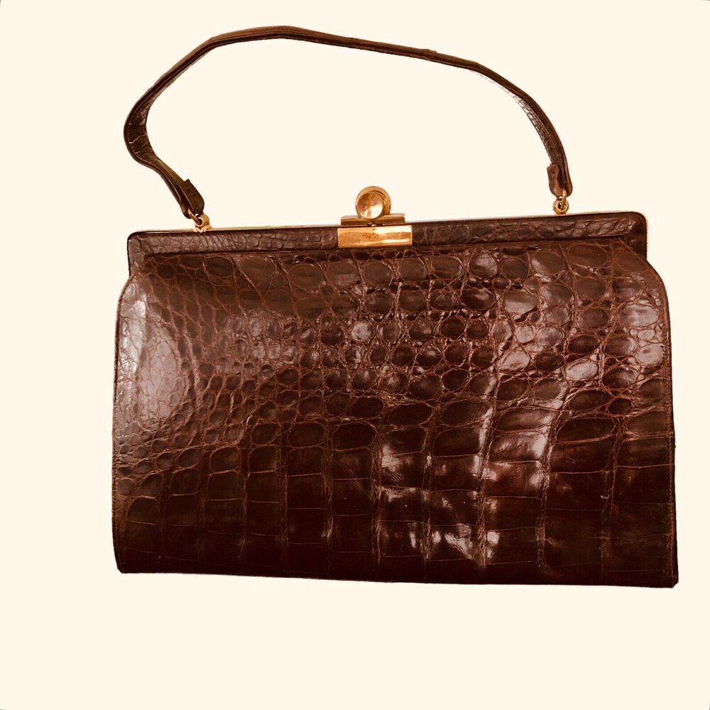 Vintage 40's - 50's Women Handbag Brown Alligator Leather With Brass Metal Clasp